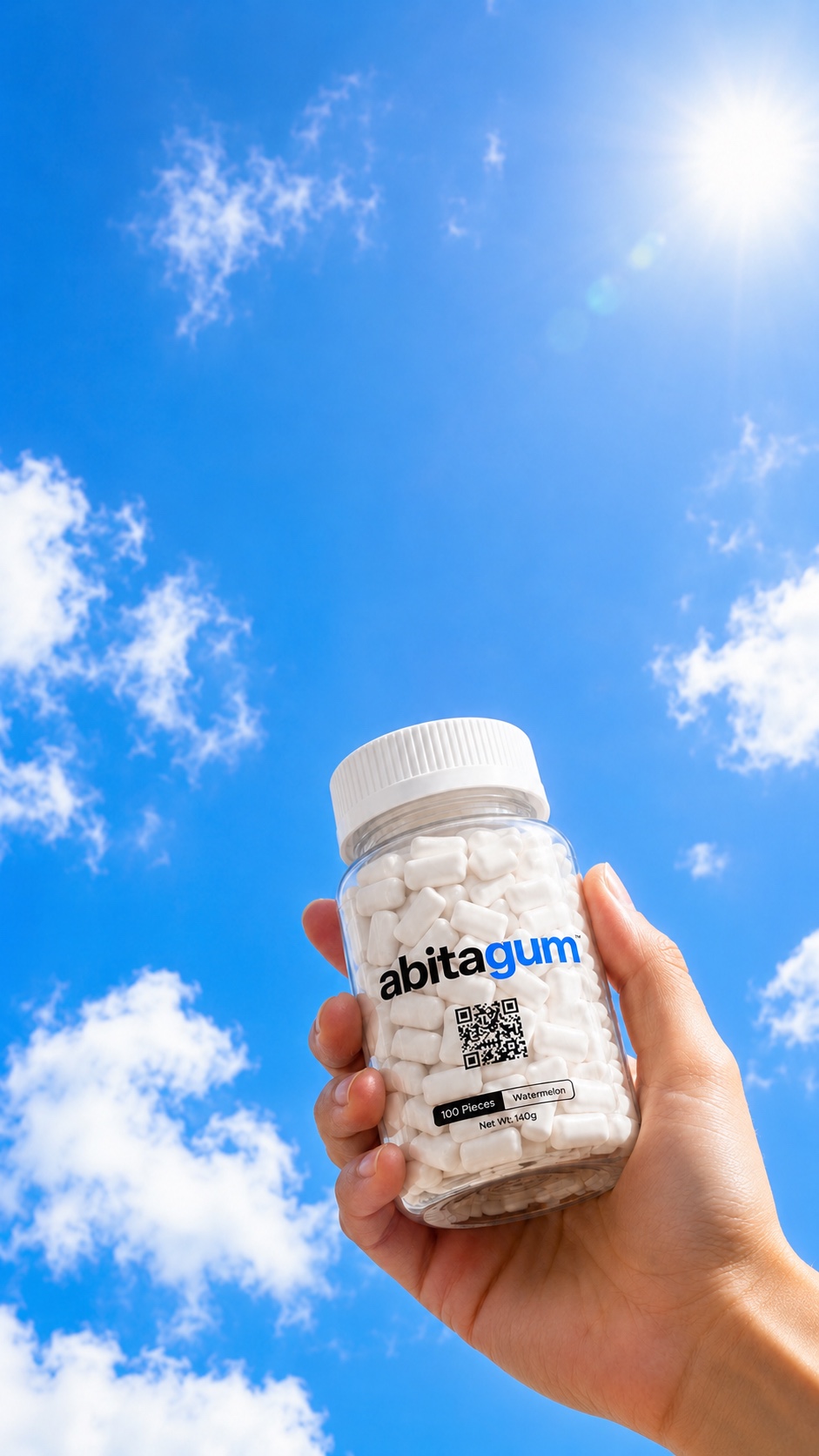 Abitagum Focus Gum bottle in a bright blue sky